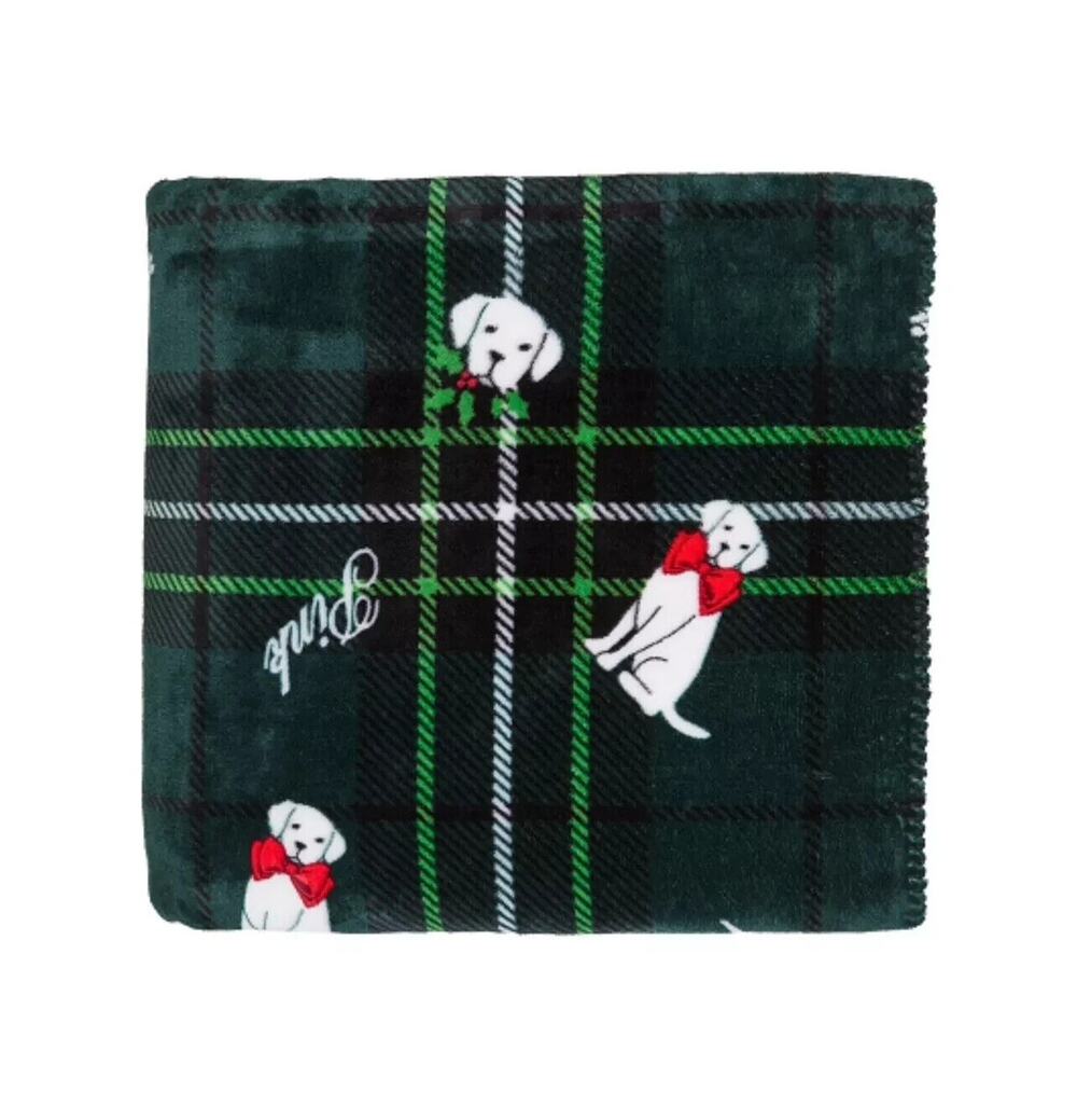 Victoria's Secret PINK Cozy Plush Logo Blanket Green Plaid Dog 50"x60" NEW